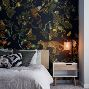 dark botanic wallpaper cheetahs and monkeys, secret garden, plants print, removable or vinyl wall murals B12 MAGIC FOREST image 6