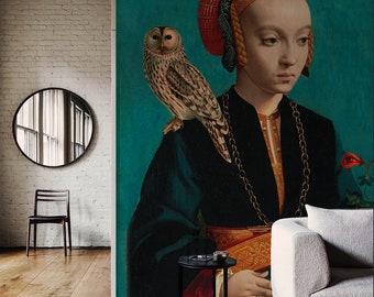 art wallpaper, painting persons, lady with owls, turquoise background, baroque painting, removable, peel&stick, vintage, room decor || #A12