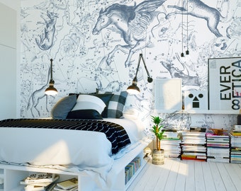 kids wallpaper, blue astral, constellation pattern, cosmic stars, animals, removable sticker, room decor || #K10