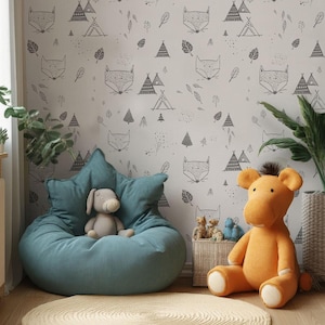 carta da parati per bambini, autoadesiva, volpi nella foresta, volpe, sfondo beige chiaro, rimovibile, murale, decorazione per la camera dei bambini // #K1