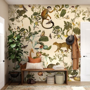 botanic wall mural, wallpaper giraffe and monkeys, secret garden, little butterflies, magic plants, removable or vinyl #B14 FUNNY JUNGLE