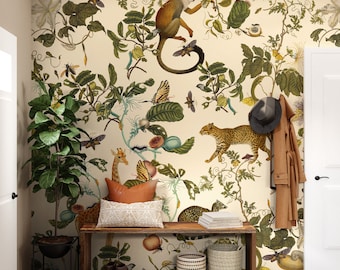 botanic wall mural, wallpaper giraffe and monkeys, secret garden, little butterflies, magic plants, removable or vinyl #B14 FUNNY JUNGLE