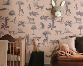 Vintage Pink Safari Wallpaper: Wild Animals Nursery Wall Mural #K11