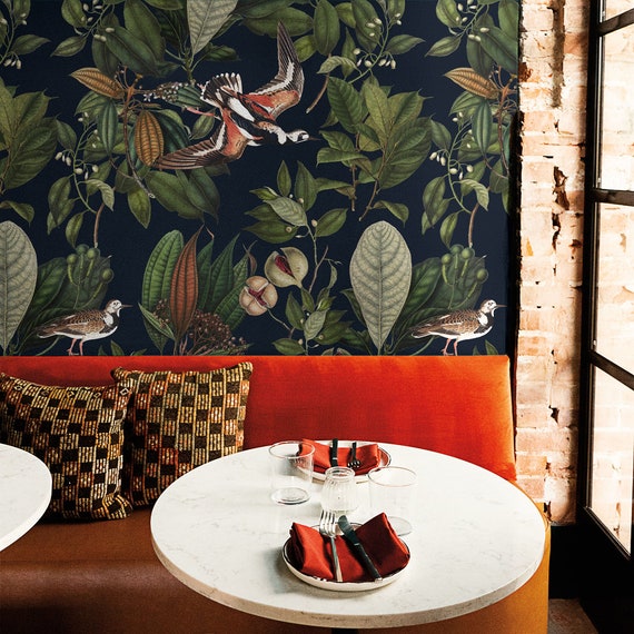 Botanical Wallpaper Orange Bird on Leaves Green Pattern - Etsy