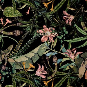 May include: A dark background with a repeating pattern of pink and orange flowers, green leaves, and brown stems. The pattern is reminiscent of a tropical jungle.