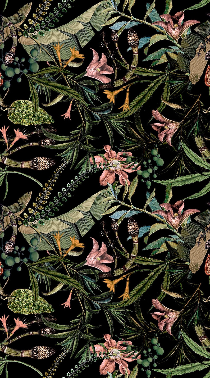 May include: A dark background with a repeating pattern of pink and orange flowers, green leaves, and brown stems. The pattern is reminiscent of a tropical jungle.