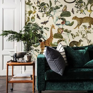 Jungle Animal Wallpaper Mural: Giraffe, Monkeys, Butterflies #B14