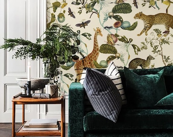 Jungle Animal Wallpaper Mural: Giraffe, Monkeys, Butterflies #B14
