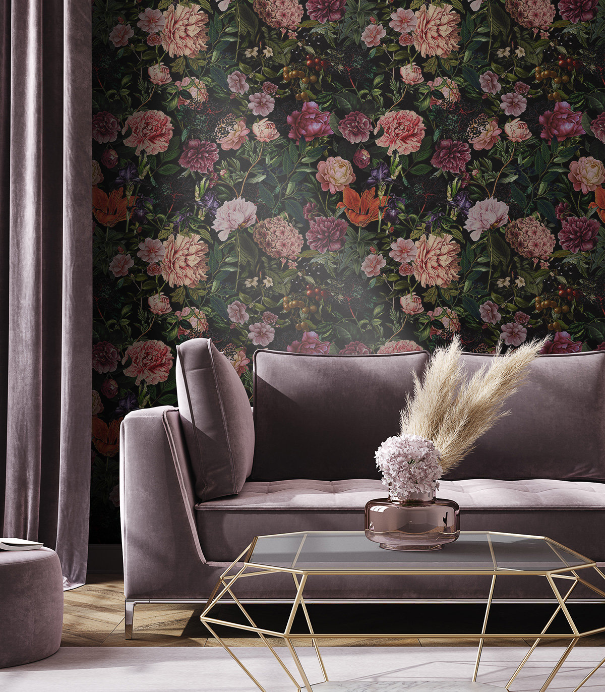 Vintage Dark Large Peony Flower Wallpaper Mural  Wallmur