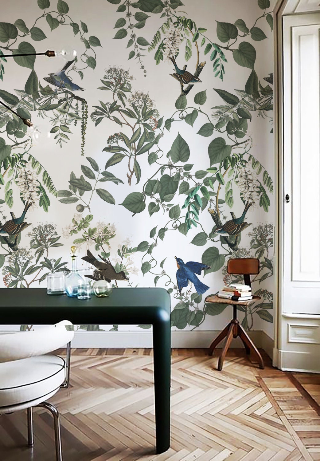 Botanical Wallpaper Plants and Little Birds White - Etsy Canada