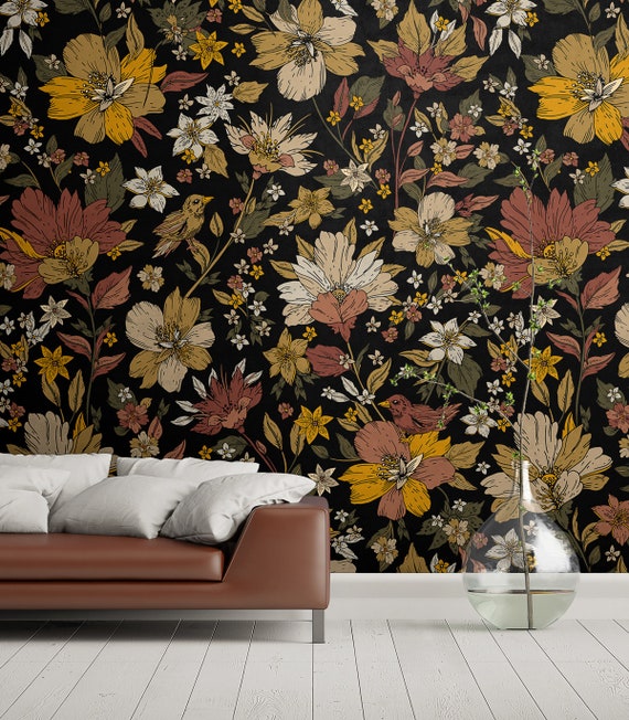 Retro bloemenbehang op donkere achtergrond muurkunst - Etsy Nederland
