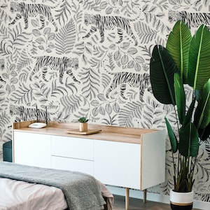 vintage wallpaper, camouflaged tiger, white background, vintage animals, black cats, wall mural, peel & sticks, living room decor || #V47