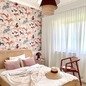 vintage wallpaper, oriental animals, light beige background, peel and stick mural, unique graphics, room decor || #C3
