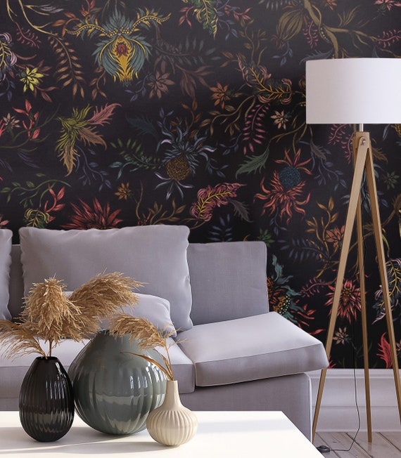 Wallpaper Dark Flowers Black Wall Decor Floral Pattern Vintage
