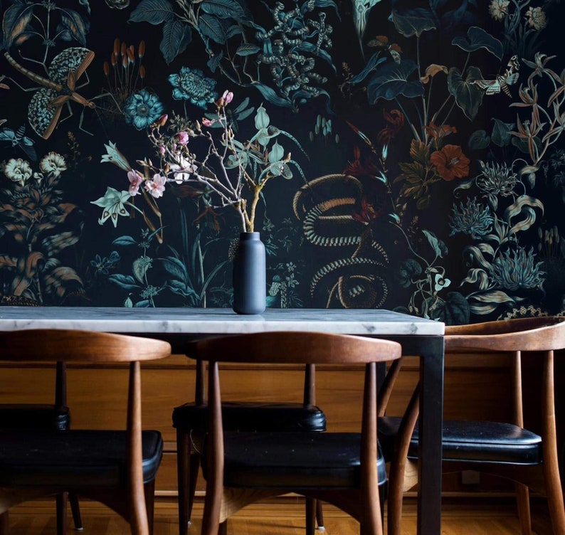 botanical wallpaper secret garden at night, snakes and birds, plants, removable or vinyl wall murals #B8 BOTANIC