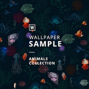Könnte beinhalten: Ein dunkelblauer Hintergrund mit einer Vielzahl von bunten Meeresbewohnern, darunter Quallen, Seepferdchen, Fische und Kraken. Der Text "WALLPAPER SAMPLE ANIMALS COLLECTION" ist in weißen Buchstaben auf dem Hintergrund.