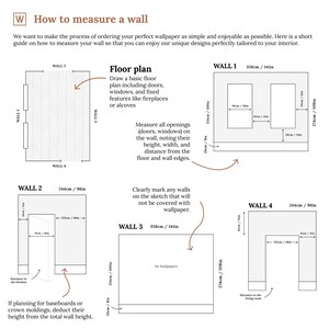 May include: Diagram showing how to measure a wall for wallpaper. The diagram shows a floor plan with four walls, each labelled with measurements in inches and centimetres. The diagram also includes instructions on how to measure openings, such as doors and windows, and how to mark areas that will not be covered with wallpaper.