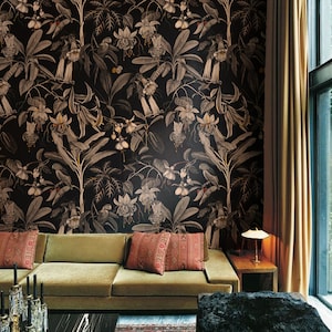 carta da parati con fiori retrò, pappagalli e foglie esotiche, stile orientale, Frida, stacca e attacca, uccelli, fiori che sbocciano // #F13