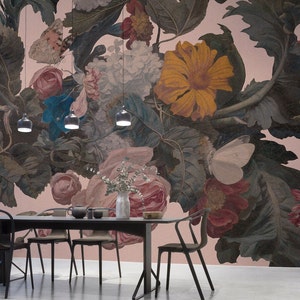 Carta da parati con fiori barocchi, grande murale rosa, autoadesiva, murale olandese scuro con effetto acquerello, camera da letto scura // #F14