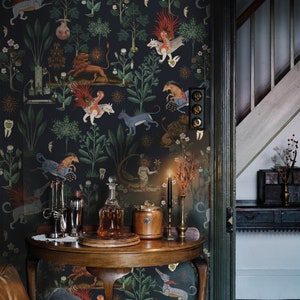 botanical wallpaper mythical beasts - black background, horse and lion, plants, removable or vinyl wall murals #B28