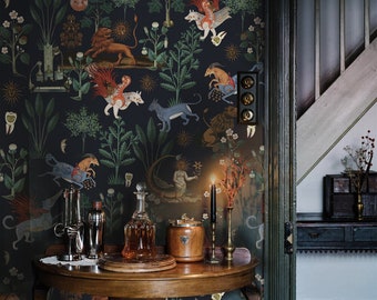 botanical wallpaper mythical beasts - black background, horse and lion, plants, removable or vinyl wall murals #B28