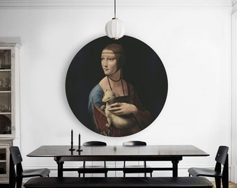 Lady with an Ermine circle wall decal, Leonardo da Vinci, woman and weasel, portrait, peel&sticks, painting reproduction