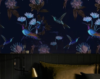 toxic hummingbirds wallpaper, secret garden at night, pink birds, dark background, peel&sticks or non-woven || #C7