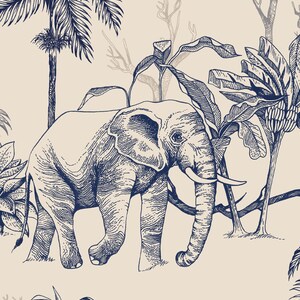 May include: A dark blue line art illustration of an elephant walking through a tropical landscape with palm trees and banana plants on a light beige background. The detailed drawing features cross-hatching and fine lines to define the animal.