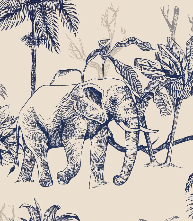 May include: A dark blue line art illustration of an elephant walking through a tropical landscape with palm trees and banana plants on a light beige background. The detailed drawing features cross-hatching and fine lines to define the animal.