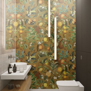 botanical wallpaper, orange tree, orange bloosom, fruit branch, brown background, wall mural #B5 ORANGE