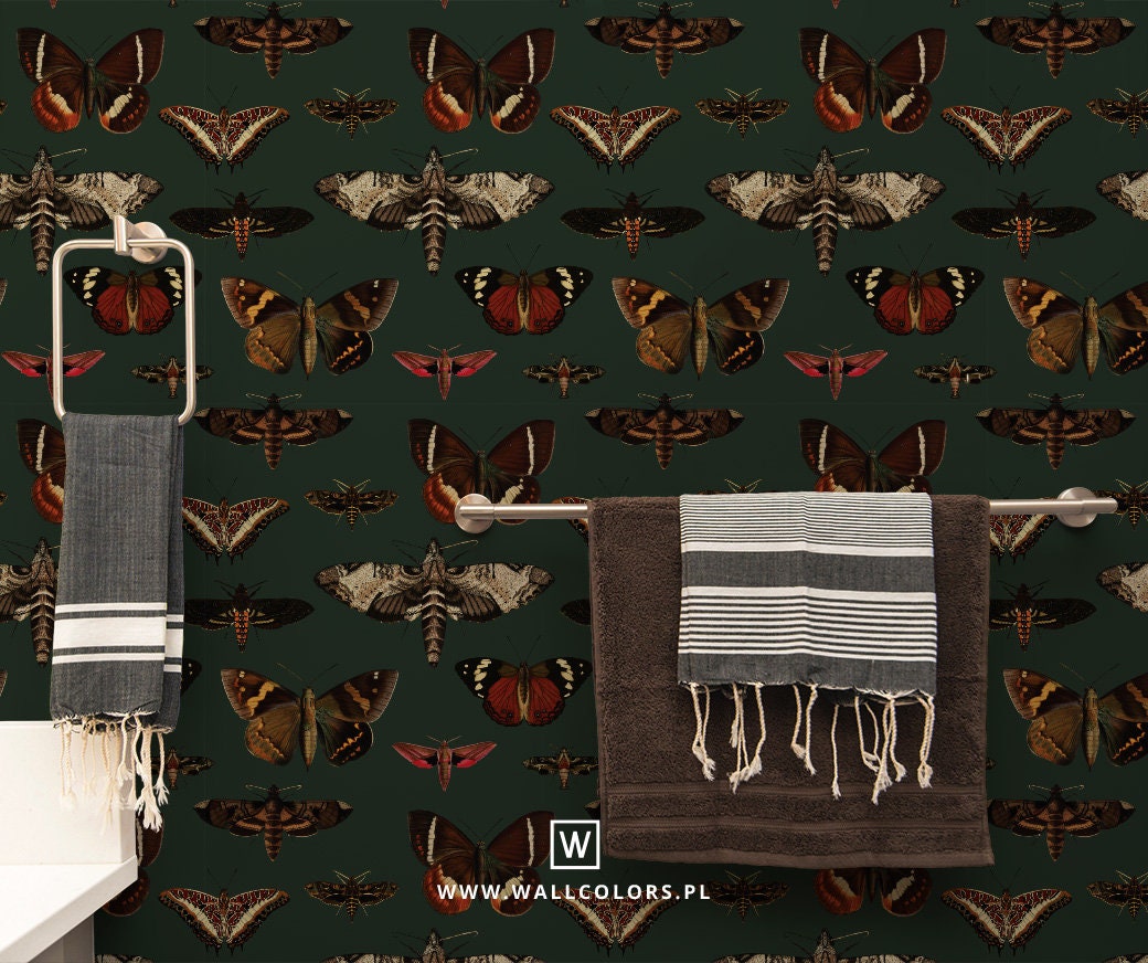 removable vintage wallpaper, moths and butterflies pattern on dark green  background, botanical, living room decor