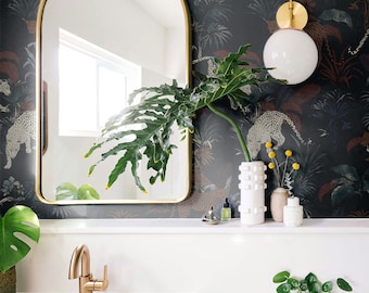tropical dark jungle wallpaper, wild cheetahs at night, wall mural, removable black wallpaper, peel&stick or vinyl || #T26