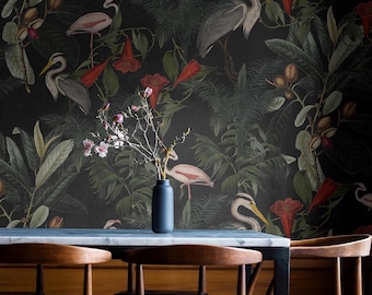 Tropical Heron Flamingo Wallpaper: Dark Jungle Peel and Stick Mural #F5