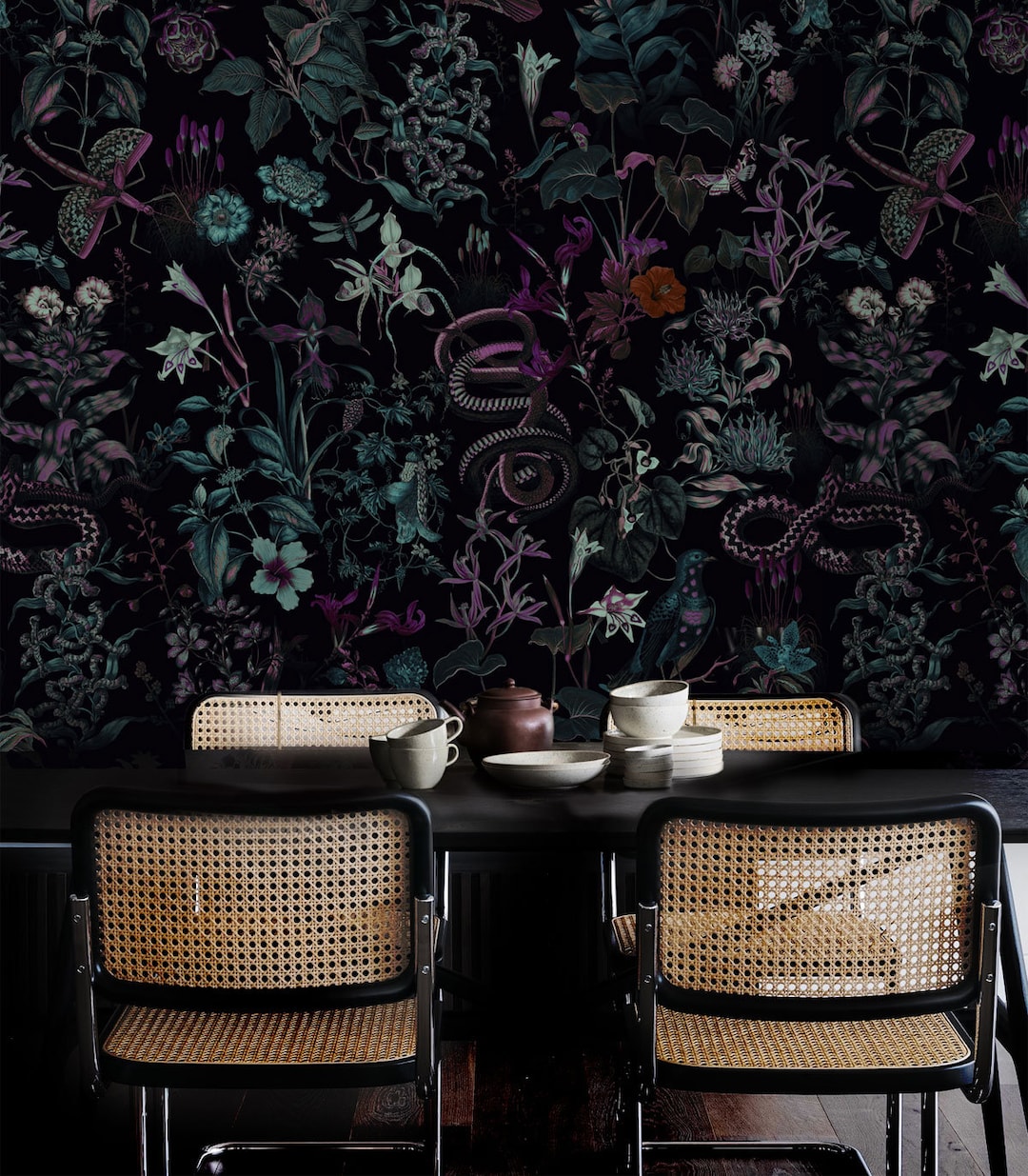 Botanical Wallpaper, Secret Garden, Snakes and Birds, Dark Violet (peel