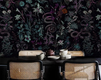 botanical wallpaper secret garden at night violet, snakes and birds, plants, dark background, peel&sticks or vinyl wall murals #B30