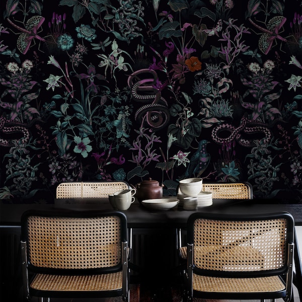 Papel pintado botánico jardín secreto de noche violeta, serpientes y pájaros, plantas, fondo oscuro, autoadhesivo o murales de pared de vinilo #B30