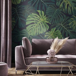 Monstera Leaf Wallpaper: Tropical Green Pattern, Dark Background #T3