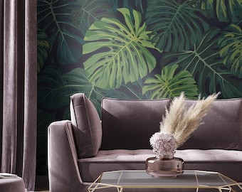 tropical wallpaper, pattern with green monstera, dark background, monstera leaf, wall decor, tropical leaf, living room decor || #T3