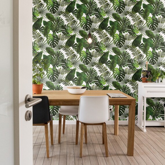 Tropical Wallpaper Pattern With Green Leaf Monstera Leaf | Etsy