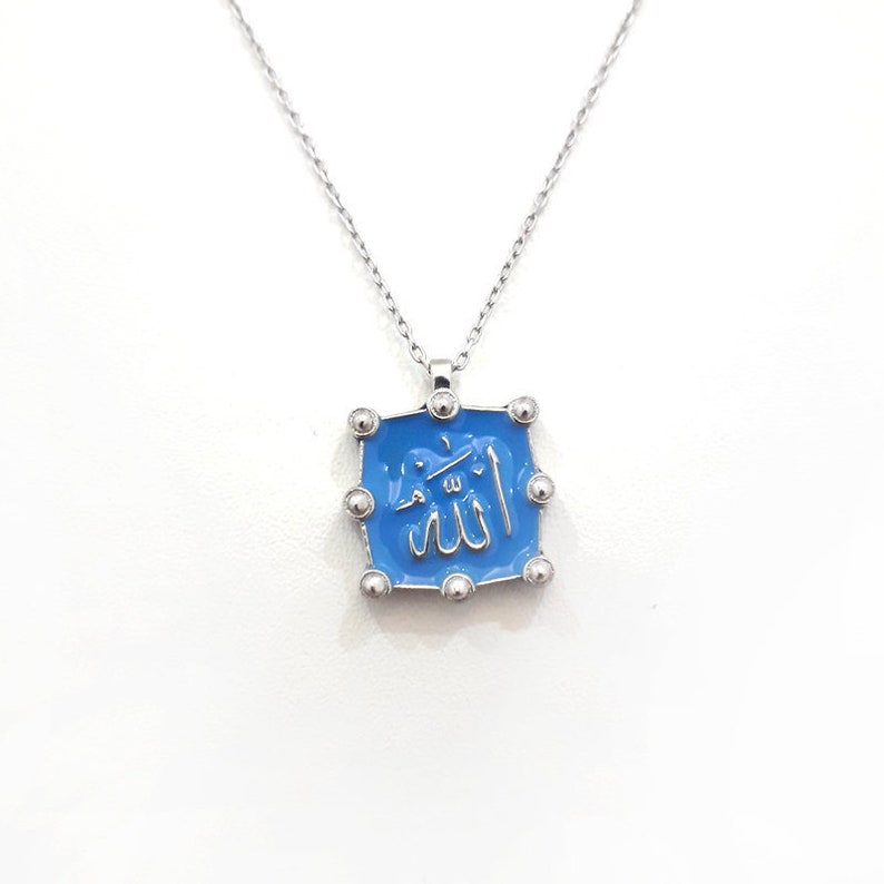 Double Sided Necklace God Arabic Calligraphy Allah Necklace Arabic Gods Name Necklace Islam Jewelry Blue Enamel Painted 925 Silver