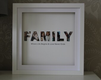 Może przedstawiać: Biała ramka do zdjęć z białą passe-partout i kolażem zdjęć tworzącym słowo "FAMILY" z tekstem "Where Life Begins & Love Never Ends" poniżej.
