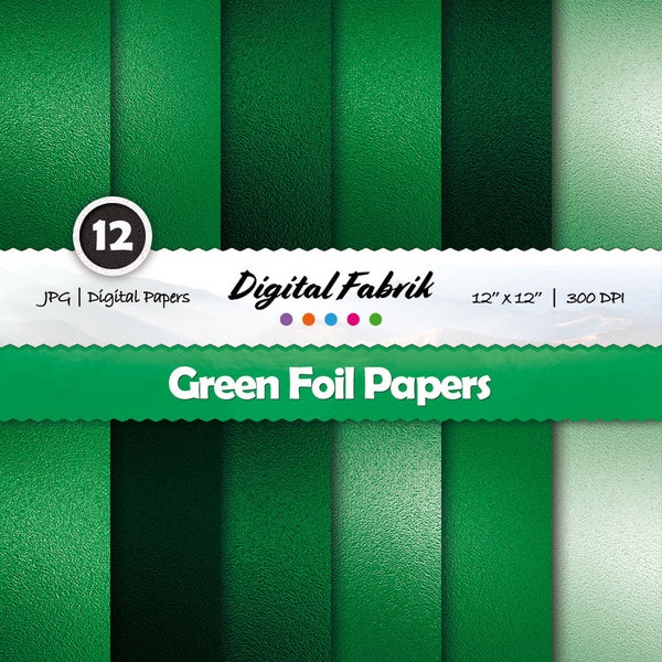Green metallic foil scrapbook paper, 12 digital papers, green digital paper pack, 12x12 jpg, digital download, personal or commercial use