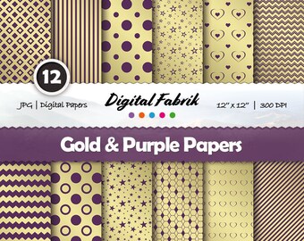 Gold & purple scrapbook paper, 12 digital papers, digital paper pack, 12x12 jpg files, pattern, digital download, personal or commercial use