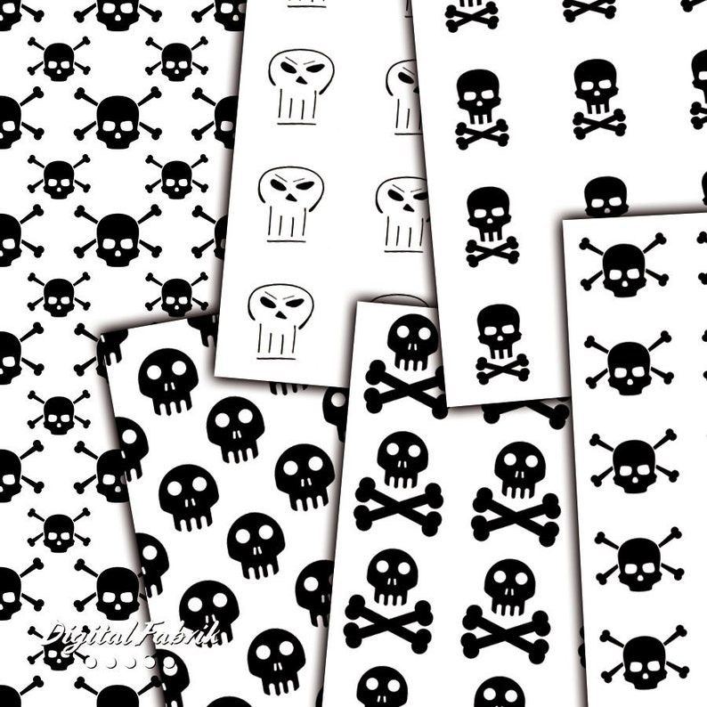 Black &amp; White Skulls Scrapbook Paper, 12 Digital Papers, Digital Paper ...