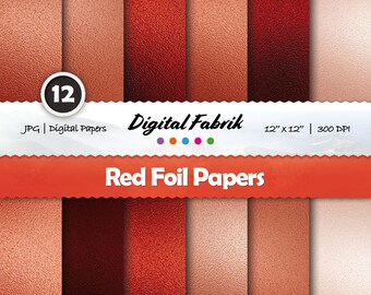 Red metallic foil scrapbook paper, 12 digital papers, red digital paper pack, 12x12 jpg file, digital download, personal or commercial use