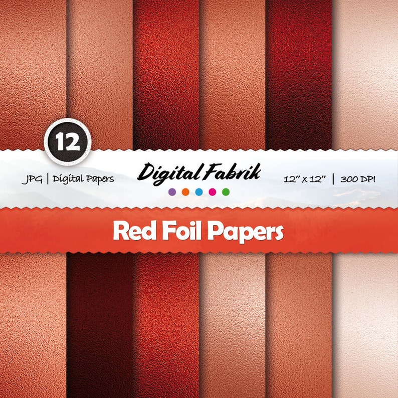 Red metallic foil scrapbook paper, 12 digital papers, red digital paper pack, 12x12 jpg file, digital download, personal or commercial use image 1