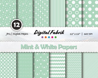 Mint & weiß Scrapbook Papier, 12 digitale Papiere, digitales Papier Pack, 12 x 12 Jpg-Dateien, Muster, digitaler Download, persönliche oder kommerzielle Nutzung