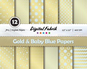 Gold & baby blue scrapbook paper, 12 digital papers, digital paper pack, 12x12 jpg files, digital download, personal or commercial use