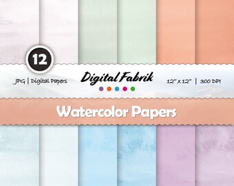 Watercolor digital papers, watercolor backgrounds, 12 digital papers, watercolor digital paper pack, 12x12 jpg, personal or commercial use