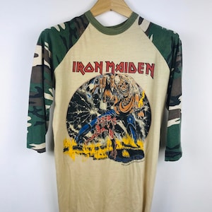 Mega Rare !!! Vintage IRON MAIDEN The Number Of The Beast Camouflage 1982 baseball tshirt